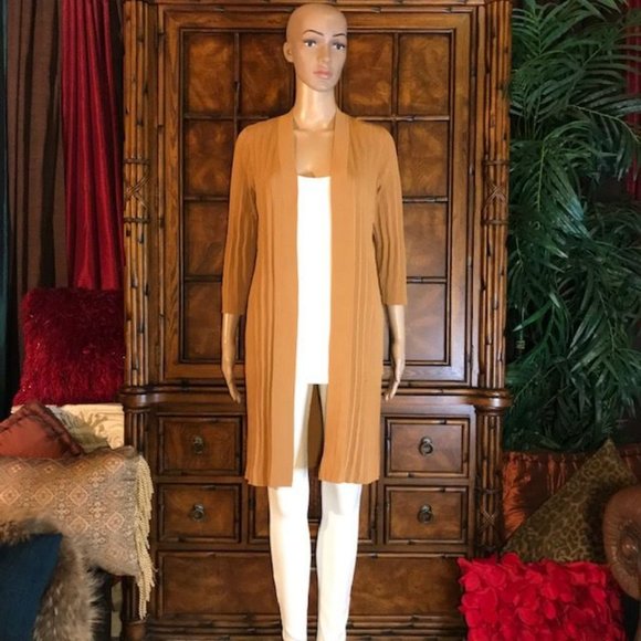 Chico's Sandstone Pleated Cotton Blend High Side Slit Open Front Duster - Picture 4 of 12